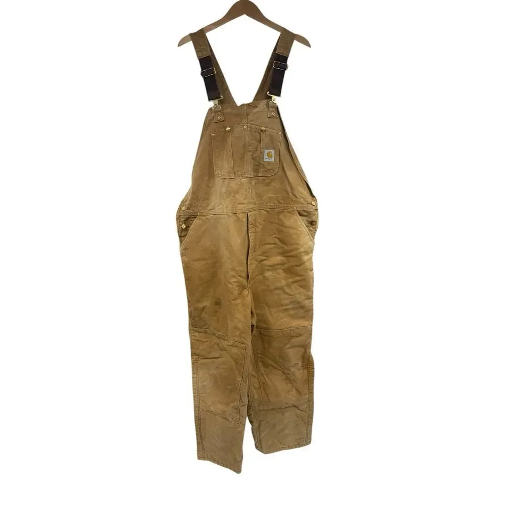 Carhartt Bib Overalls Duck Canvas Red Quilt Lined Double Knee R02BRN 46 X 34‎